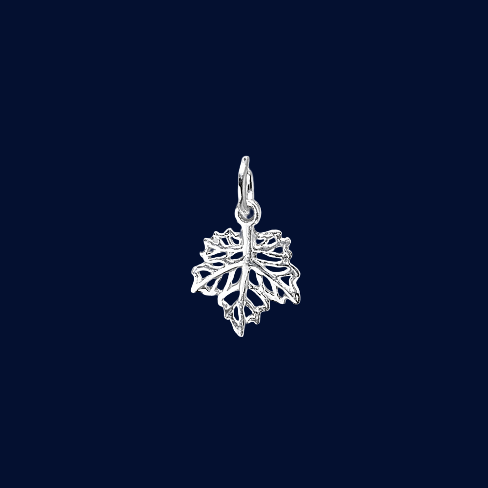 Silver leaf-shaped pendant on a dark blue background