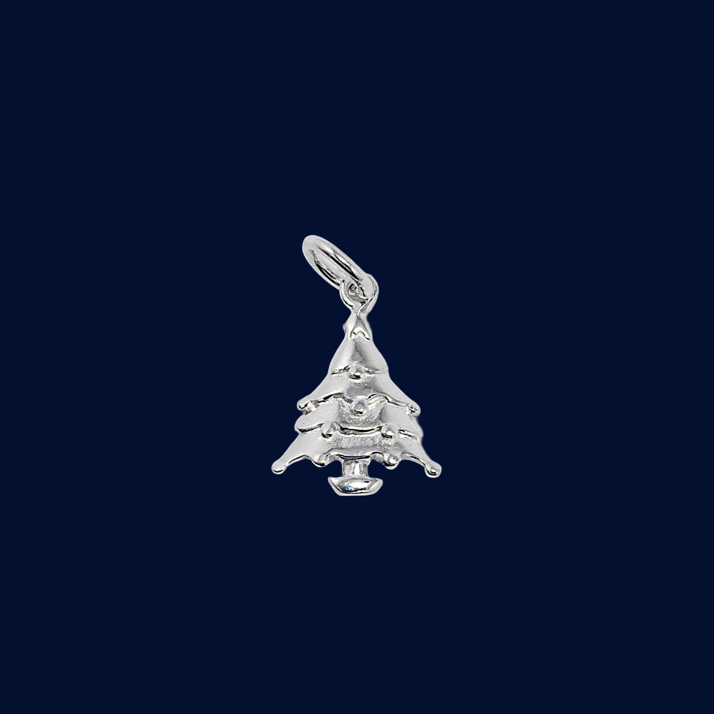 Silver Christmas tree pendant on a dark blue background