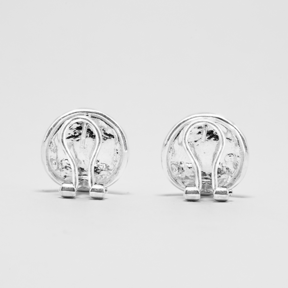Pair of silver earrings with clear closing on a light grey background