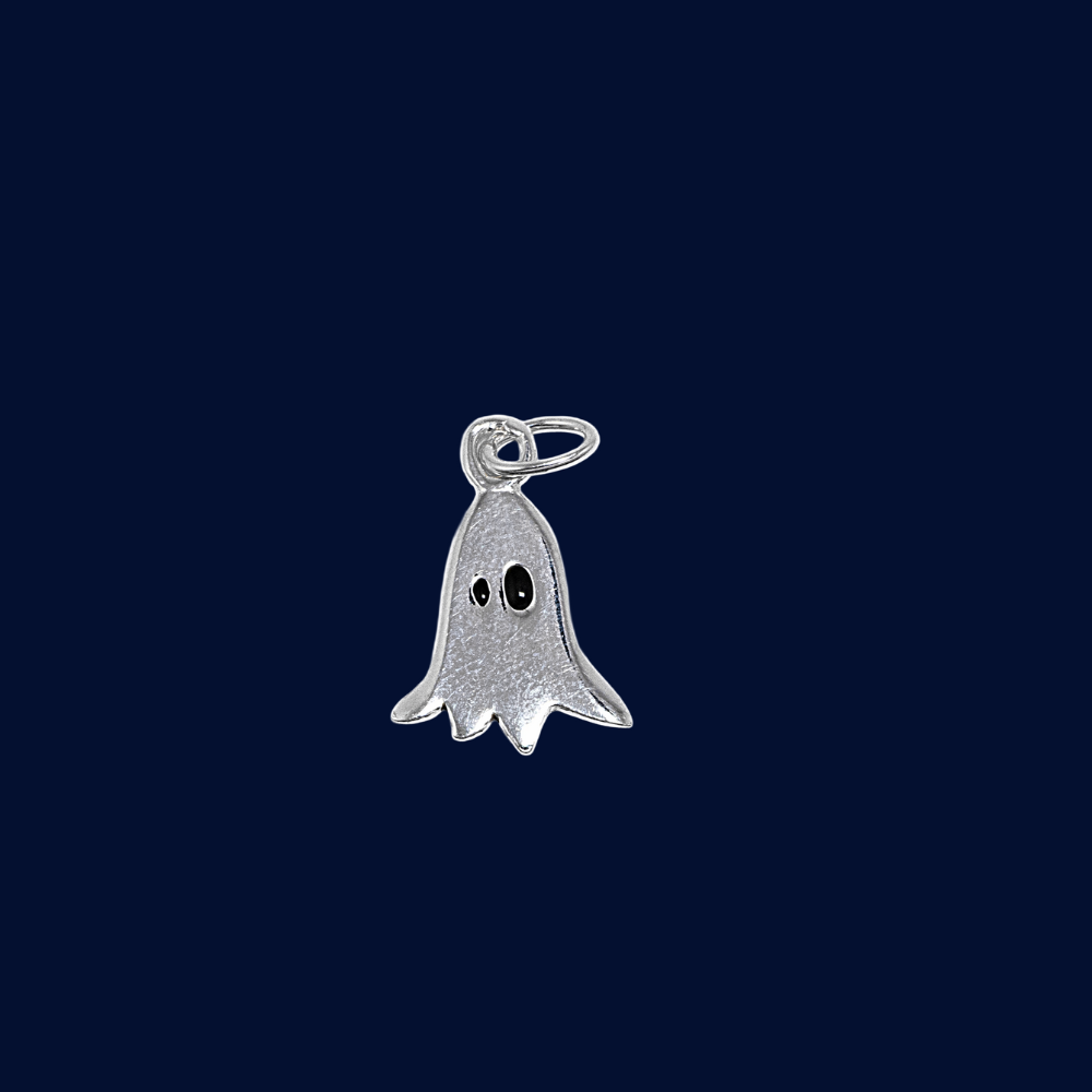 Silver ghost charm on a dark blue background
