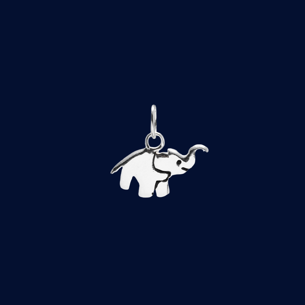 Silver elephant pendant on a dark blue background