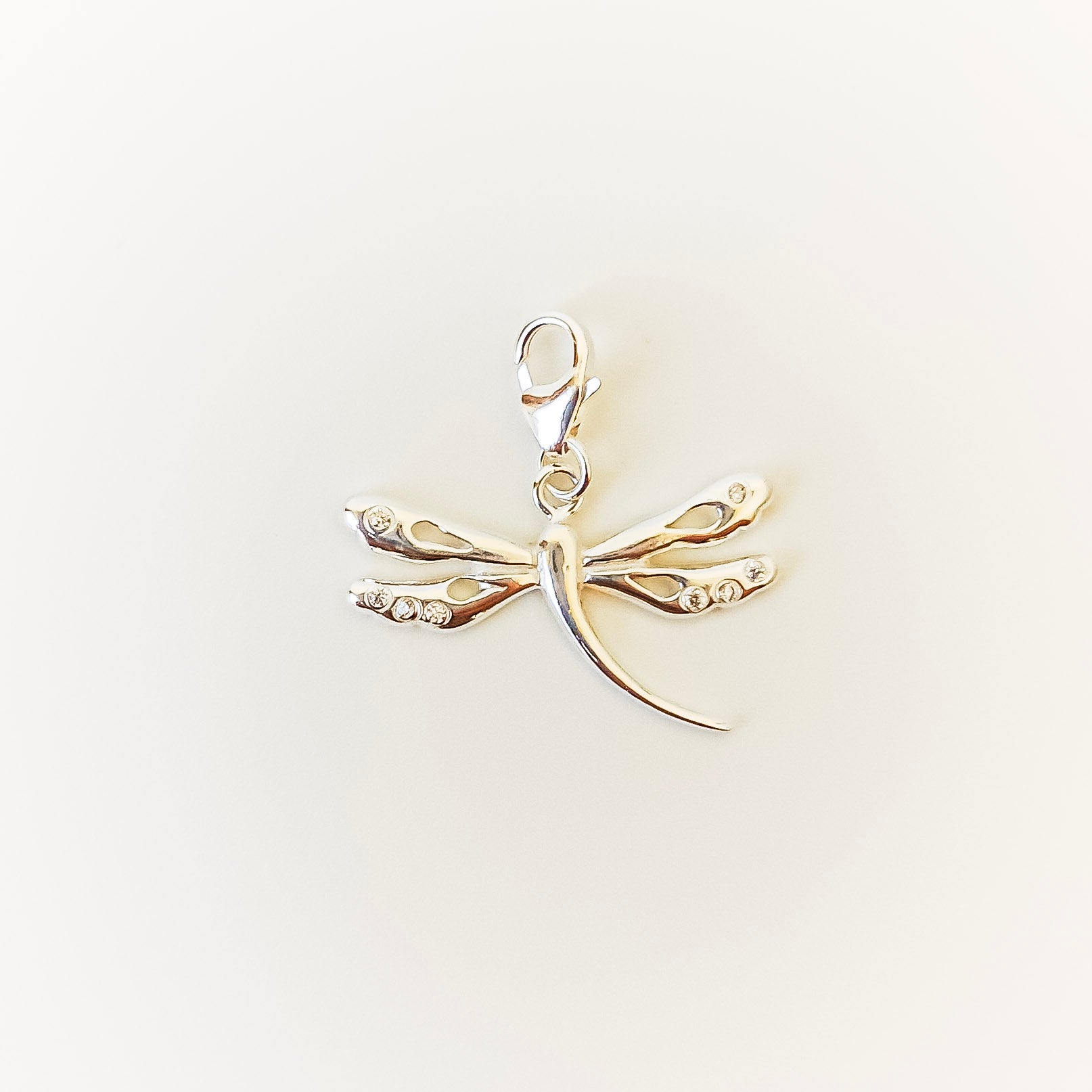 Silver dragonfly pendant on a light beige background