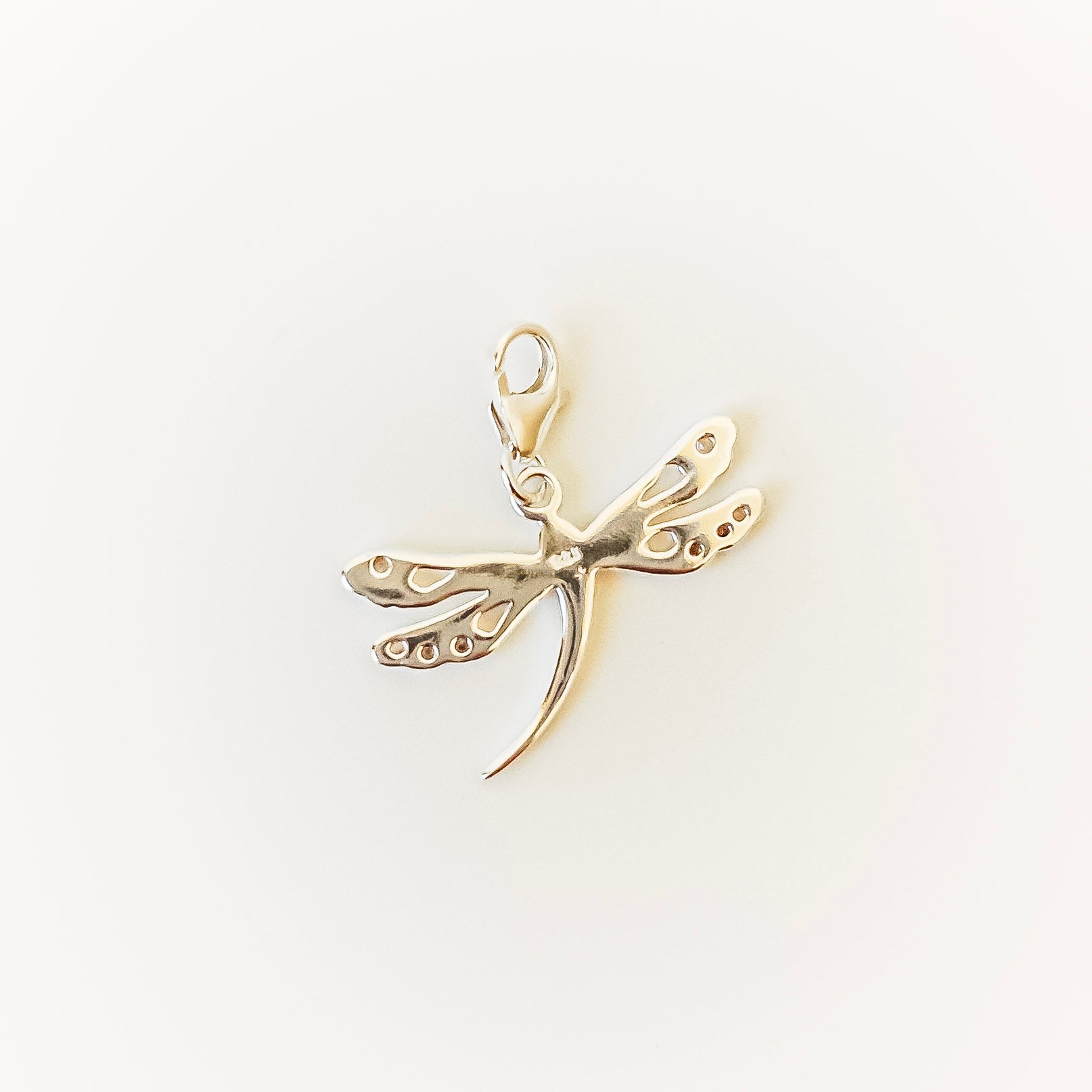 Gold dragonfly pendant on a light beige background