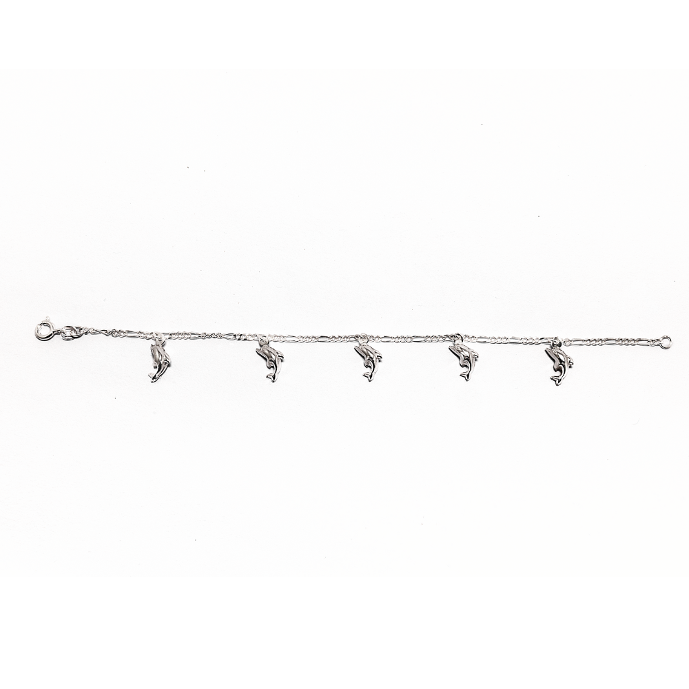 Silver bracelet with small fish charms on a white background