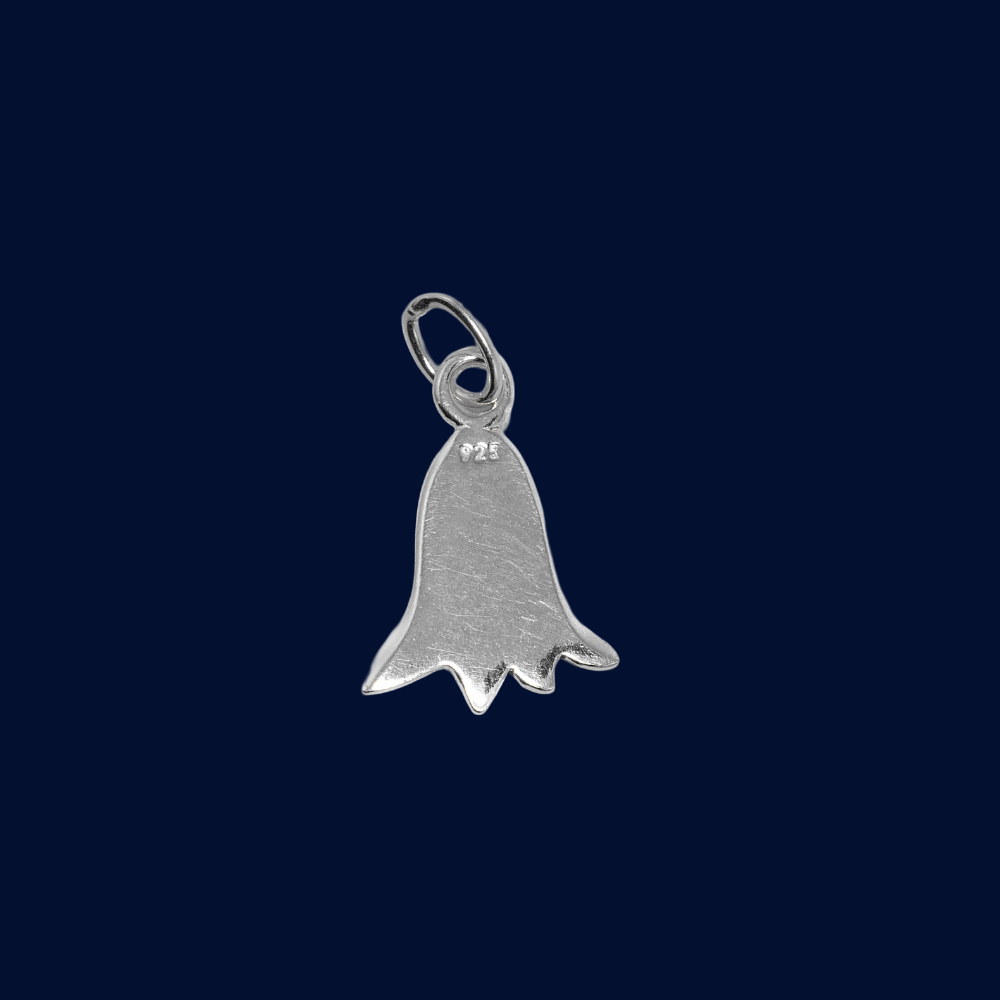 Silver bell-shaped pendant on a dark blue background