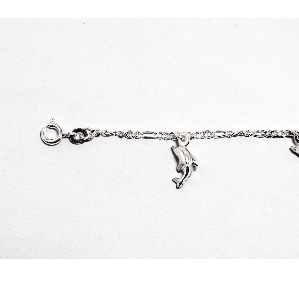 Silver bracelet with a dolphin charm on a white background