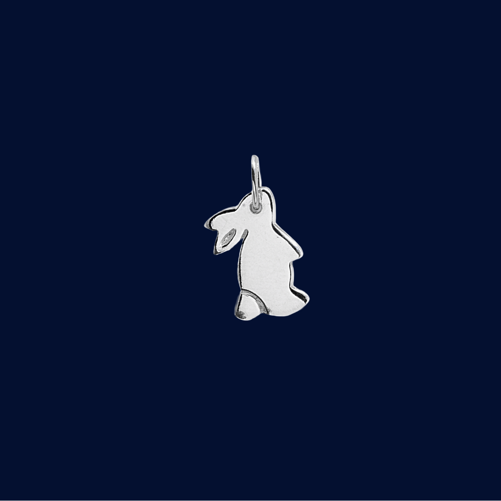 Silver bunny-shaped pendant on a dark blue background