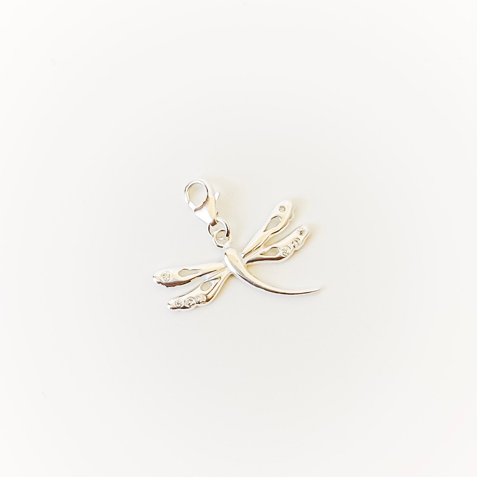 dragonfly-shaped charm on a light beige background