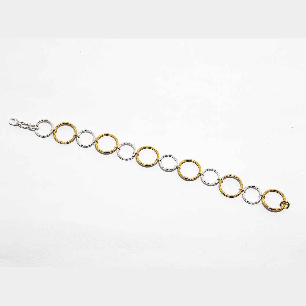 Bracelet with alternating gold and silver circular links on a white background