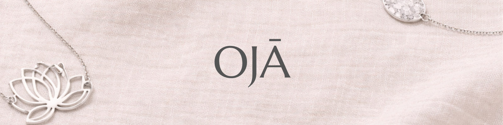 Jewelry brand 'OJª' with a decorative element on a textured background